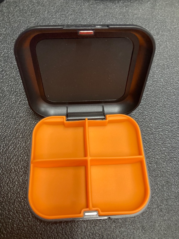 Photo 2 of **5 Pack** Pill Box Portable Pill Dispensing Box, Travel Portable Pill Box, 4-Compartment Daily Portable Pill Organizer, Suitable for Vitamins, Medicines, Fish Oil (Black+Orange)