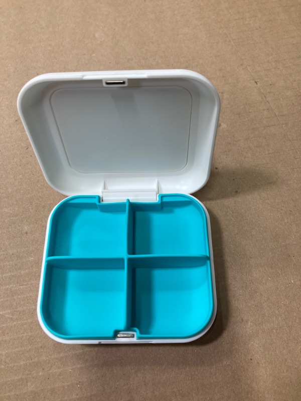 Photo 2 of **4 Pack** Pill Box Portable Pill Dispensing Box, Travel Portable Pill Box, 4-Compartment Daily Portable Pill Organizer, Suitable for Vitamins, Medicines, Fish Oil (White+Cyan)