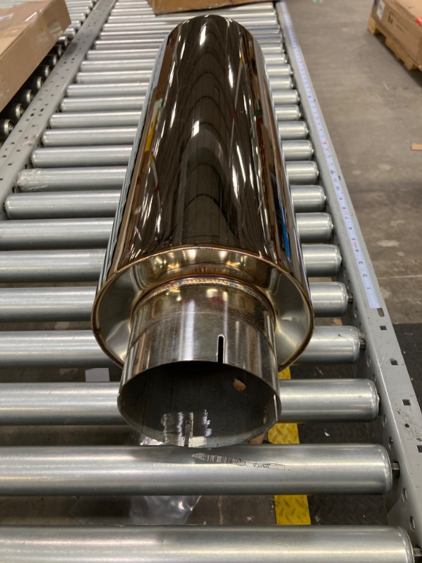 Photo 2 of JY Performance 5 Inch Diesel Truck Exhaust Muffler 8 in x 24 in Body 30 in Whole Length Straight Through Stainless Steel Welded On Resonator Muffler - POLISHED (5'' IN / 5'' OUT), DAC187