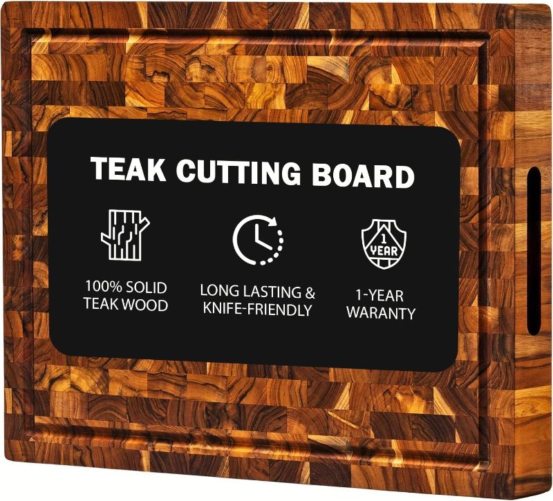 Photo 1 of WLM Large End Grain Teak Wood Cutting Board for Kitchen with Juice Groove Conditioned with Beeswax, Linseed Oil & Lemon Oil, Reversible Charcuterie Butcher Block 17 x11 Inches - 2 Inch Thick
