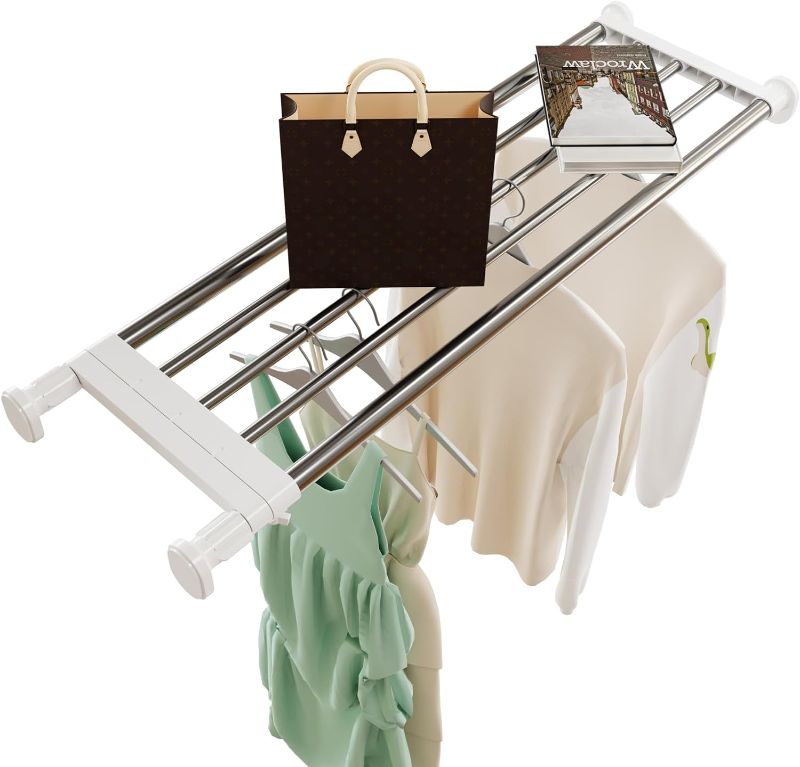 Photo 1 of 33 to 46 Inches, Closet Shelves, Wall Mounted Tension Shelf, Expandable Easy to Install for Pantry, Closet, Laundry, Utility Storage, Stainless Steel, Silver + White
