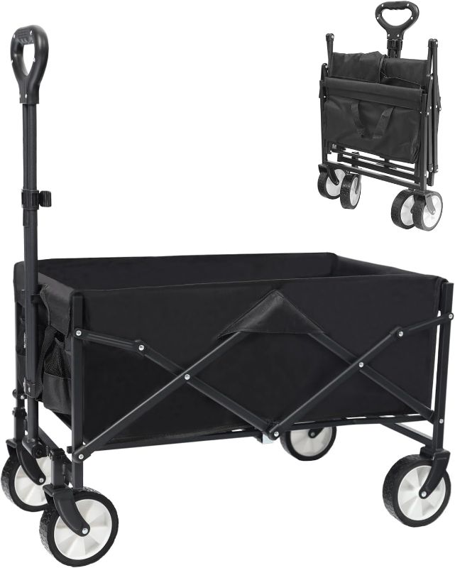 Photo 1 of Collapsible Folding Outdoor Utility Wagon, Beach Wagon Cart with All Terrain Wheels & Drink Holders, Portable Sports Wagon for Camping, Shopping, Garden and Beach (Black/1 Year Warrant)
