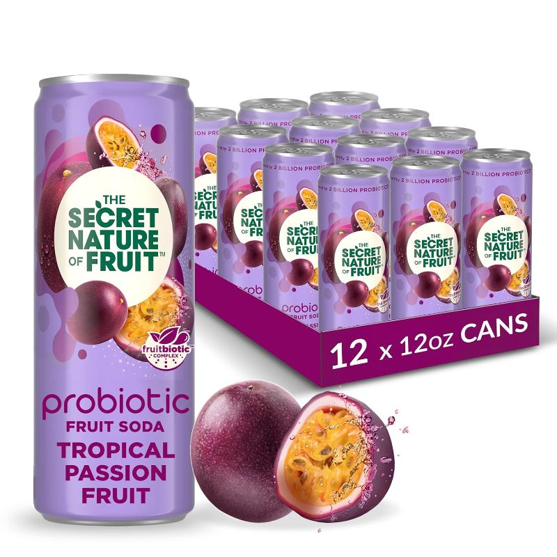 Photo 1 of *EXP 8/31/2024* The Secret Nature of Fruit Probiotic Fruit Soda, Supports Gut Health & Immunity, 2 Billion Probiotics, Zero Added Sugar, 15% Fruit Juice, High In Vitamin C, Tropical Passionfruit - 12oz (Pack of 12)