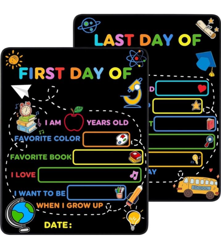 Photo 1 of *PACK OF 2* SEVADA First Day of School Board Sign, 14x11 in Back to School Chalkboard Sign, Double-Sided My First Day of School Sign Reusable, 1st and Last Day of Grade Kindergarten Preschool Sign for Kids