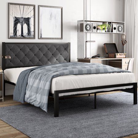 Photo 1 of Amolife Full Size Metal Bed Frame with Upholstered Headboard Dark Grey

