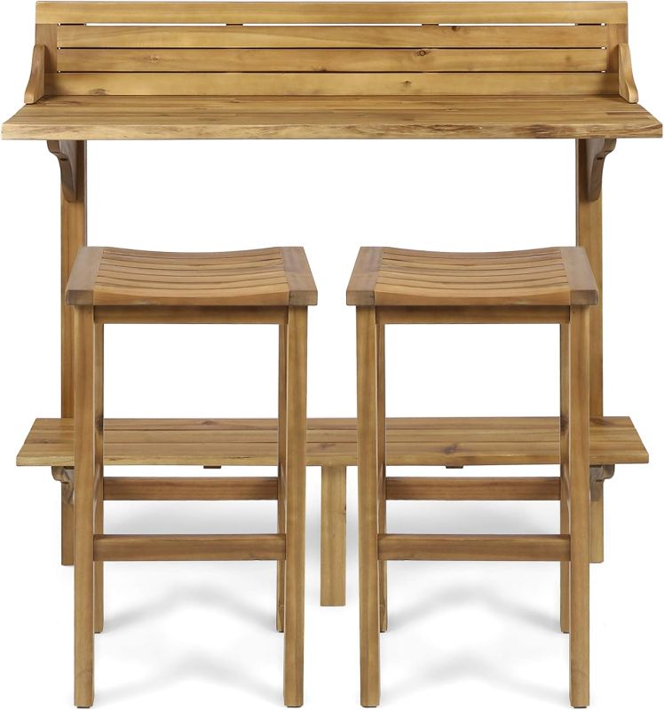 Photo 3 of Christopher Knight Home Caribbean Outdoor Acacia Wood Balcony Bar Set, 3-Pcs Set, Natural Stained Light Brown