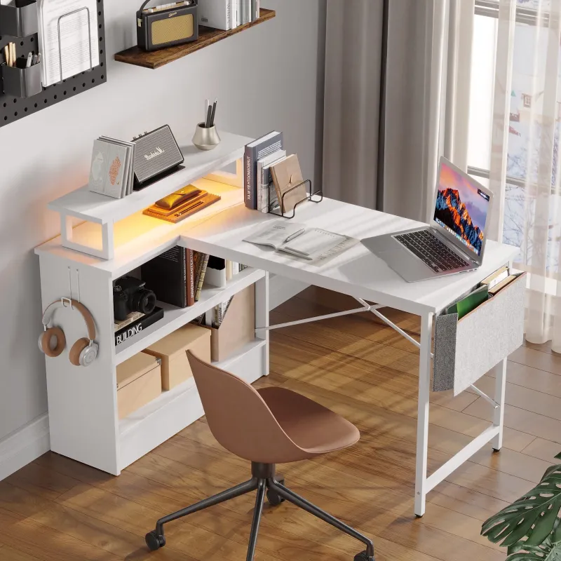 Photo 1 of Bestier White Corner Desk with Storage L-shaped Gaming Computer Desk with LED Light Monitor Stand, White Carbon Fiber