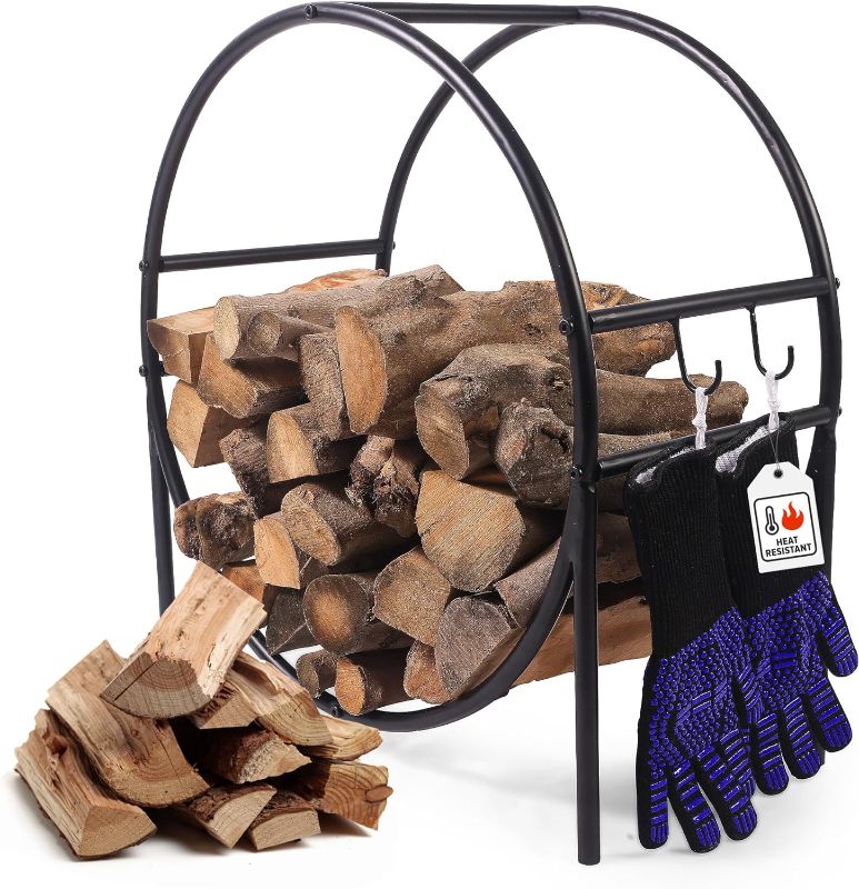 Photo 1 of 
Click image to open expanded view


Hoop Firewood Rack with Blue Heat-Proof Gloves - Indoor & Outdoor Firewood Rack with Glove Storage Hooks - Steel Heavy Duty Log Rack, Easy to Assemble - 180 lbs Capacity, 13.4x26.4x28 - Black