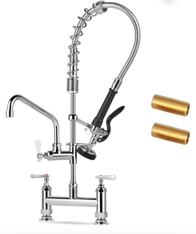 Photo 1 of Commercial Sink Faucet with Pre Rinse Sprayer, 24 inch Height Deck Mount Commercial Restaurant Kitchen Faucet with 10” Swing Spout for Home Restaurant Kitchens