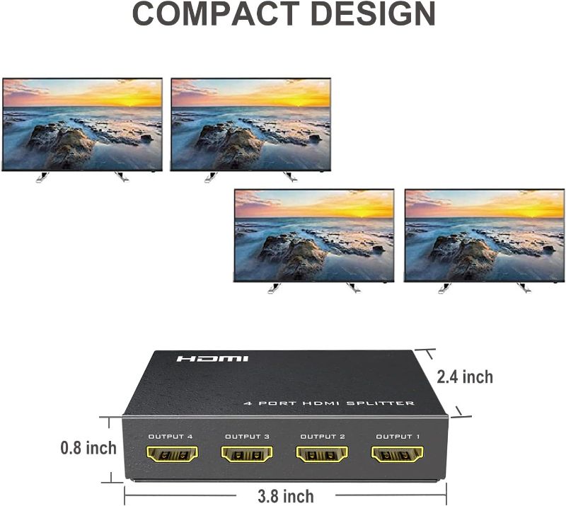 Photo 1 of ANLINK 4K 1x4 HDMI Splitter 1 in 4 Out, 4 Ports 4Kx2K Premium Quality Full Ultra HD Distributor for PS4 Fire Stick HDTV DVD Roku Blu-Ray Computer Monitor-Power Adapter Included