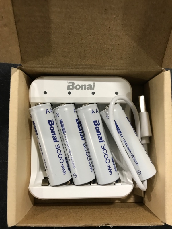 Photo 2 of BONAI Rechargeable Lithium AA Batteries with Charger, 3000mWh 1.5V AA Batteries for Blink Camera 4 Count with 2H Fast Charge AA Batteries+charger