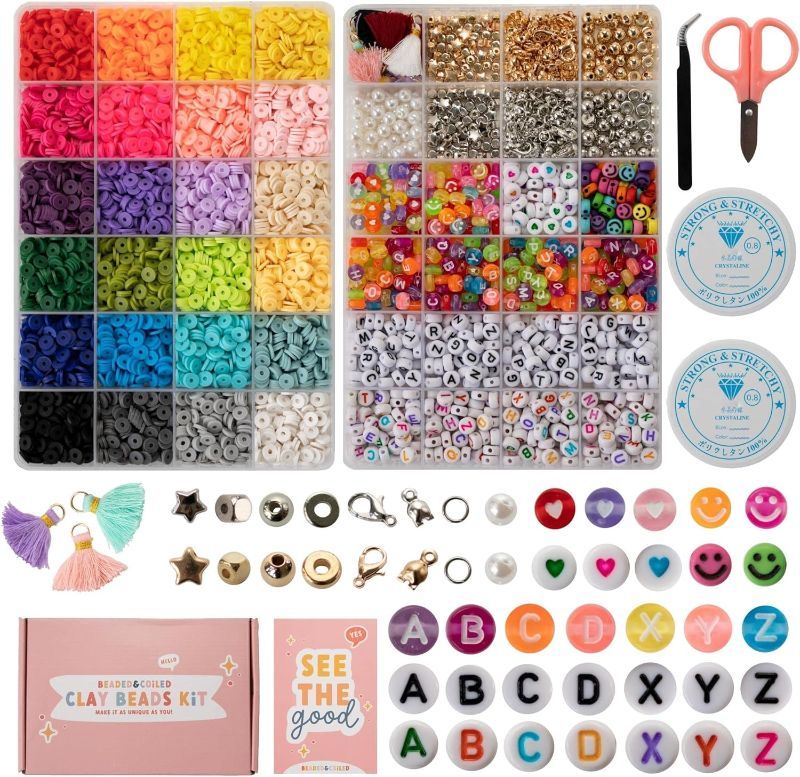 Photo 1 of BEADED&COILED Clay Bead Kit - 6300 PCS with Smiley Face Beads, 24 Colors-Polymer Clay Beads Set, Lots of Beads in This Bracelet Making Kit, Heishi Beads, Preppy Bracelet Kit , Jewelry Making Kit
