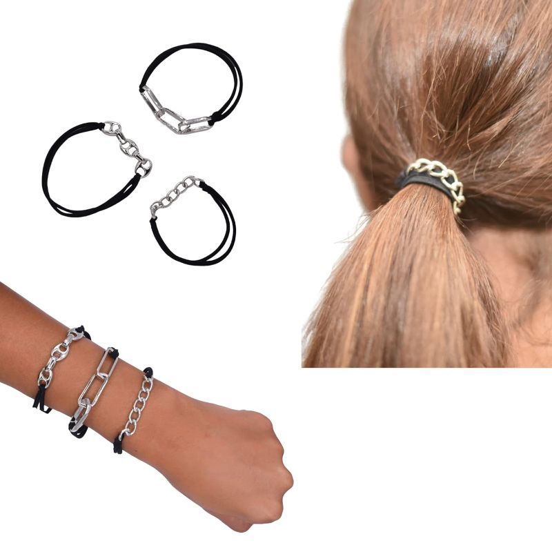 Photo 1 of 3 PCS Bracelet Hair Ties: 2 in 1 for women and girls - No Crease Elegant Black Elastic bands with Silver Metal accents - Use on wrist and hair (Black Silver)
X2