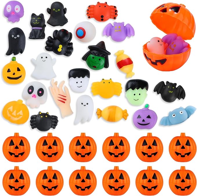 Photo 1 of 12 Pack Halloween Pumpkin with 24 Pieces Mini Kawaii Mochi Squishy Toy Toys ?Trick or Treat Assorted Filler Toys Classroom Rewards Halloween Party Favors Gifts for Kids, Girls, Boys