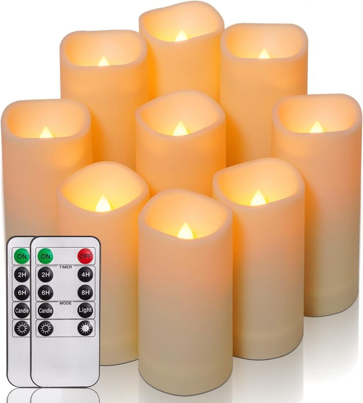 Photo 1 of Amagic Flameless Candles Battery Operated Candles Flickering, Outdoor Waterproof LED Pillar Candles with Remote Control and Timer, D 2.2" x H 4" 5" 6", Ivory, Plastic, Set of 9
