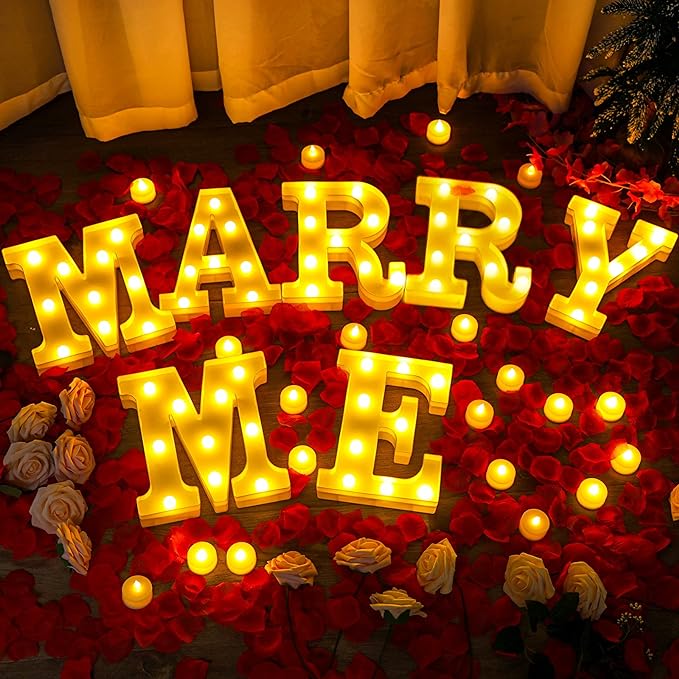 Photo 1 of 1031 Pcs Marry Me Sign Marry ME Light up Letters Proposal Decorations Red Rose Petals Flameless Tealight Candles for Romantic Night Valentine's Day Wedding Engagement Party (Warm White-Red)
