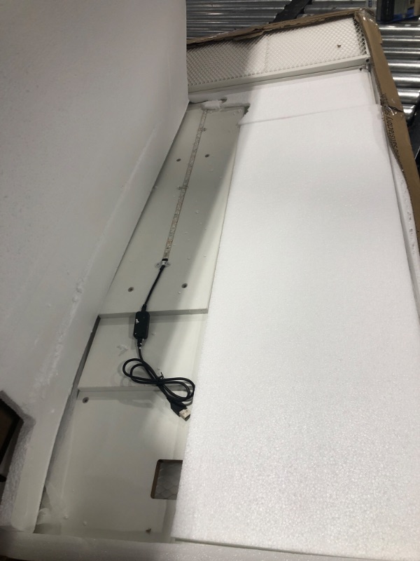 Photo 1 of Unikito Reversible L Shaped Desk with Power Outlets and Smart LED Light, 55 Inch Computer Office Desk, Unique Grid Design, Corner Writing Gaming Table with Monitor Stand and Storage Shelf, White L Shaped Desk White