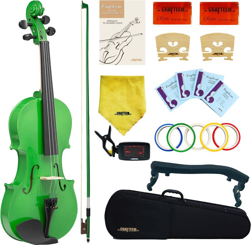 Photo 1 of 1/4 Fiddle Green Colored Premium Violin Outfit for Beginners Adults Kids With 5 Color Fingering Tape- Handcrafted Student Beginner Violin.
