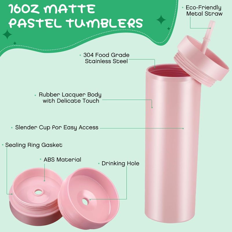 Photo 1 of  Pieces Skinny Tumblers Set 16 oz Matte Tumbler Skinny Acrylic Tumbler with Lid and Straw Double Wall Matte Plastic Tumbler Cups Vinyl Cups