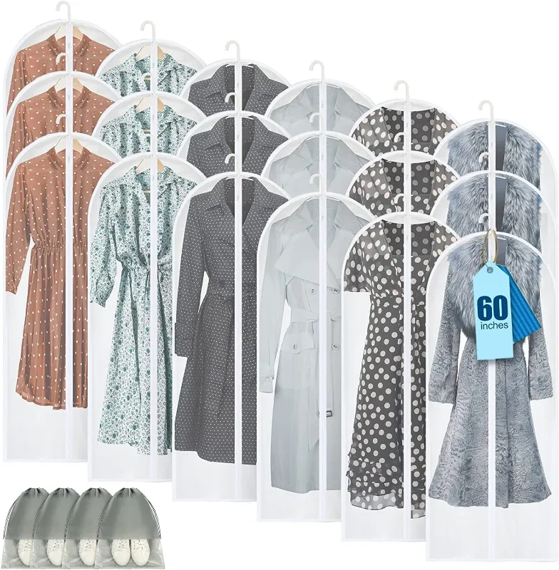 Photo 1 of 18 Pieces Clear Hanging Garment Bag Full Zipper Suit Bags Dress Bag Garment Rack Cover PEVA Plastic Garment Bags for Hanging Clothes Suit Bag Dust Cover for Closet Wardrobe Travel (24 x 32 Inch)