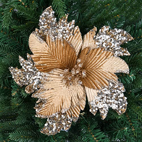 Photo 1 of 6PCS 10" Christmas Glitter Poinsettia Flowers Christmas Artificial Flowers Ornaments for Xmas Tree Wreaths Garland Holiday Decorations