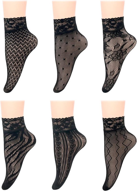 Photo 1 of Lamdgbway 6 Pairs Women Lace Ankle Socks Fishnet Short Stockings One Size Black 