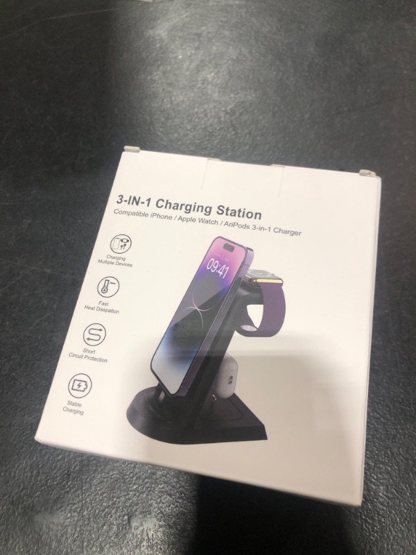 Photo 2 of Charging Station for Apple Multiple Devices,3 in 1 Fast Charging Station Stand for iPhone 14/13/12/11/Pro/Max/Plus,for Airpods,Fast Wireless Charger for Apple Watch 8/7/6/SE/5/4/3/2 with Adapter Black