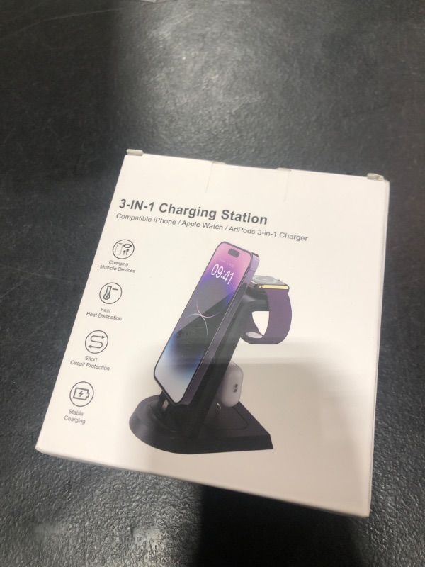 Photo 1 of Charging Station for Apple Multiple Devices,3 in 1 Fast Charging Station Stand for iPhone 14/13/12/11/Pro/Max/Plus,for Airpods,Fast Wireless Charger for Apple Watch 8/7/6/SE/5/4/3/2 with Adapter Black