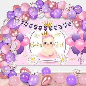 Photo 1 of 102 Pcs Pink Purple Baby Shower Decoration for Girl, Pastel Lavender Pink Baby Girl Backdrop Banner and Baby Shower Balloon Arch Garland Kit with Butterfly Stickers Decorations for Girls Women Birthday Baby Shower Gender Reveal Party Decor