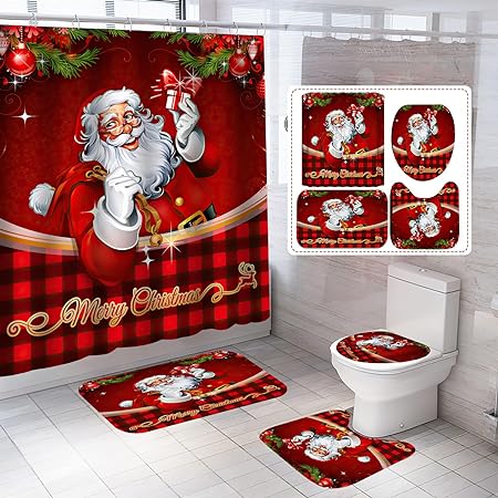 Photo 1 of 4Pcs Christmas Shower Curtain Set,Bathroom Sets with Shower Curtain/Rugs/Toilet Lid Cover/Bath Mat,Waterproof Bathroom Curtains Shower Set,Xmas Gifts Holiday Bathroom Decor Christmas Theme (C)