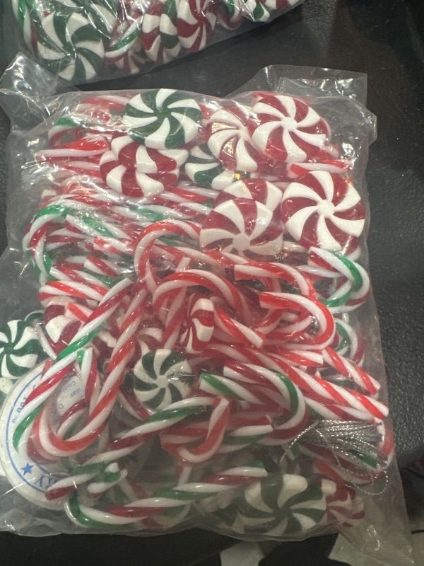 Photo 1 of 120Pcs Candy Cane Decorations Plastic Candy Cane Tree Hanging Decoration Candy Cane Ornament for Tree Decor Home Indoor Outdoor Party Favor, (Red White and Green)