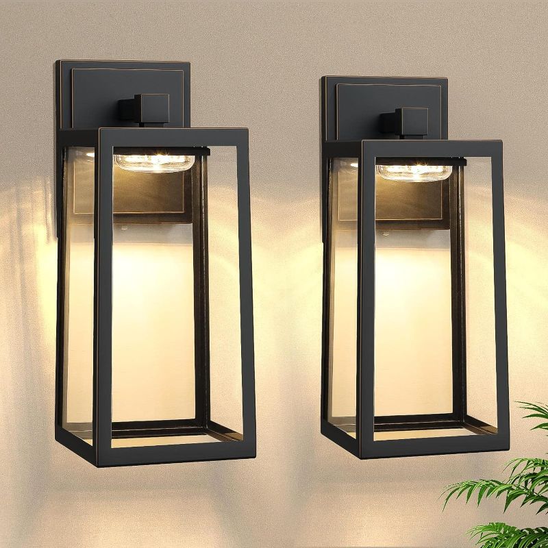 Photo 1 of 2-Pack Outdoor Wall Light Fixtures, Waterproof Exterior Wall Sconces with 3 Colors Adjustable, Black Wall Lanterns with Glass Shade, LED Porch Lights Wall...
