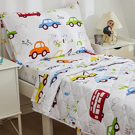 Photo 1 of Brandream Toddler Bedding Set for Boy's Bed Set, Boy's Bedroom Accessories, 3 Piece Quilt Set, Comforter & Pillowcase, 100% Cotton Soft Colorful Vehicle Car Truck!