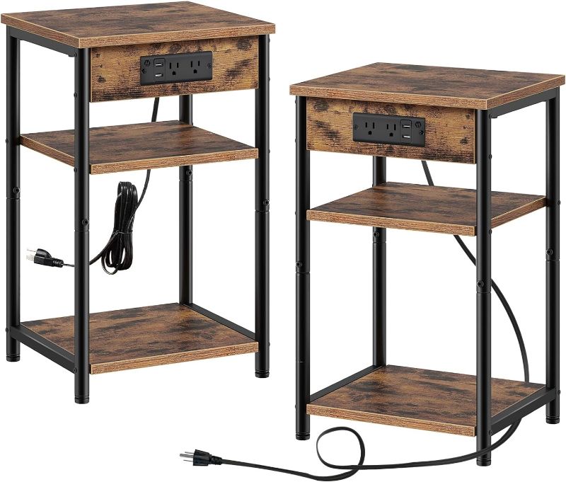 Photo 1 of Rolanstar End Table with Charging Station, Set of 2 Nightstand with 3 Storage Shelves, Narrow Side Table with USB Ports & Power Outlets, Small Sofa Table for Living Room or Bedroom, Rustic Brown