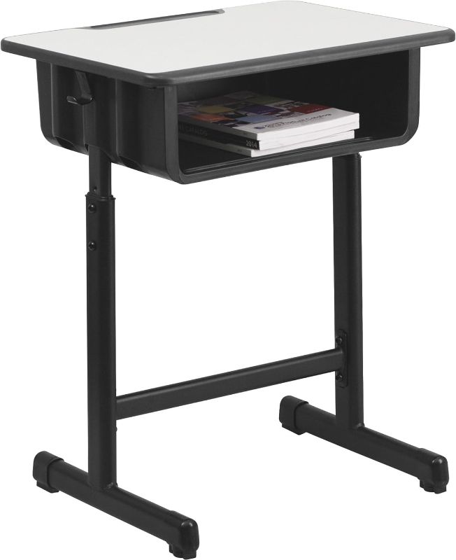 Photo 6 of Flash Furniture Billie Open Front Student Desk for Classrooms or Remote Learning, Height Adjustable School Desk with Book Box and Bag Hooks, Black/Gray