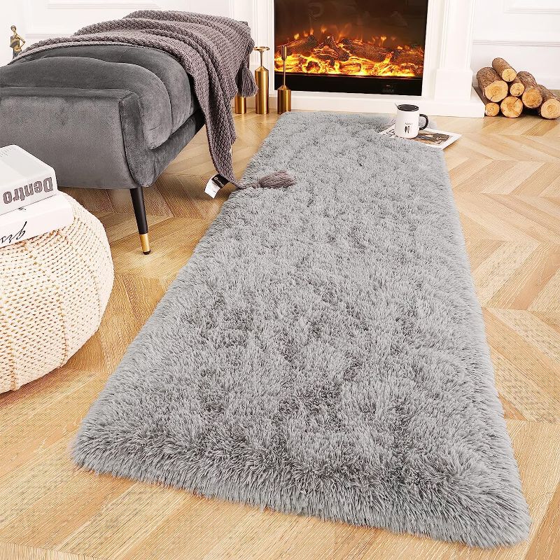 Photo 1 of Ompaa Fluffy Grey Hallway Runner Rugs for Bedroom Bed Side Non-Slip, 8 Foot Long Carpet Rug Runner for Entrance Living Room Dorm, Plush Kids Playroom Baby Girls Nursery Decor Mats