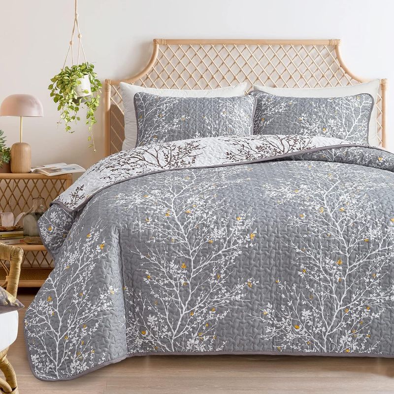 Photo 1 of Flysheep 3 Pieces Grey Quilt Set King Size, Branch with Yellow Spring Flower on Gray, Soft Microfiber Lightweight Summer Bedspread for All Season - 104"x90"