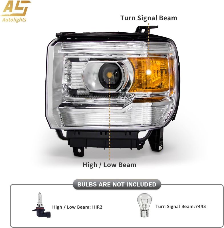 Photo 1 of AS Headlight Assembly for 2014-2018 GMC Sierra 1500HD/2015-2019 GMC Sierra 2500HD/3500HD Base/Denali/SLE/SLT Headlights with Chrome Housing Amber Reflector..