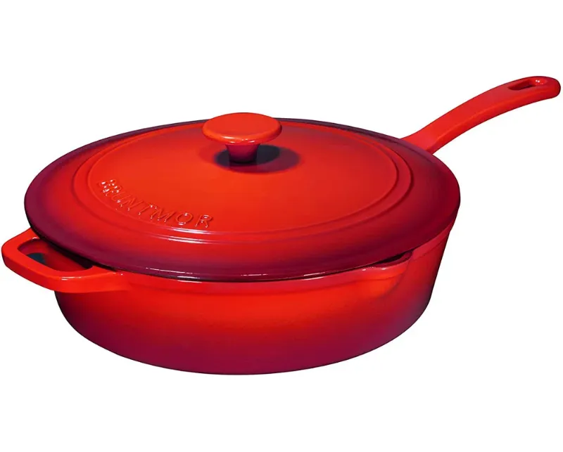 Photo 1 of Bruntmor Enamel Cast Iron Sauté Pan with Lid, Oven Safe Skillet, Grill Pan Set - 5 Qt - Red
