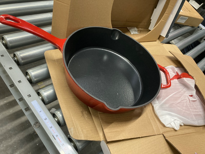 Photo 1 of Bruntmor Enamel Cast Iron Sauté Pan with Lid, Oven Safe Skillet, Grill Pan Set - 5 Qt - Red
