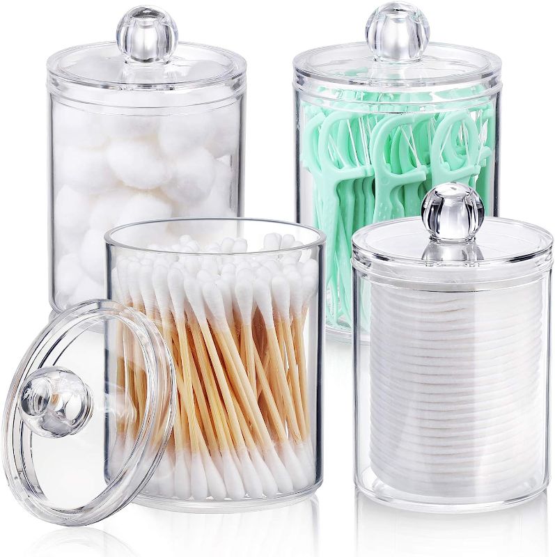 Photo 1 of 4 PACK Qtip Holder Dispenser for Cotton Ball, Cotton Swab, Cotton Round Pads, Floss Picks - Small Clear Plastic Apothecary Jar Set for Bathroom Canister Storage Organization, Vanity Makeup Organizer