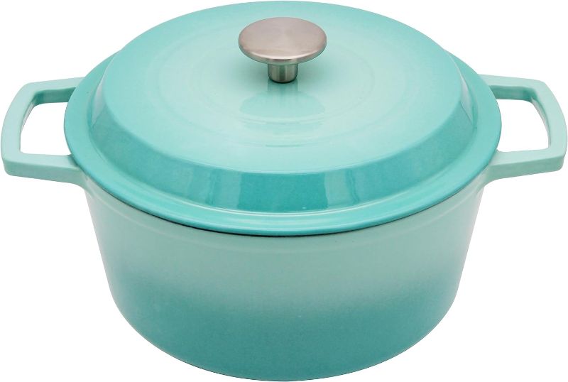 Photo 1 of 4.2 QT Cast Iron Dutch Oven, Non-stick and Enamel Interior, Multi-purpose Cooking & Baking on Different Cooktops, Dishwasher Safe, and the Gift for Family and Friends - Misty Teal