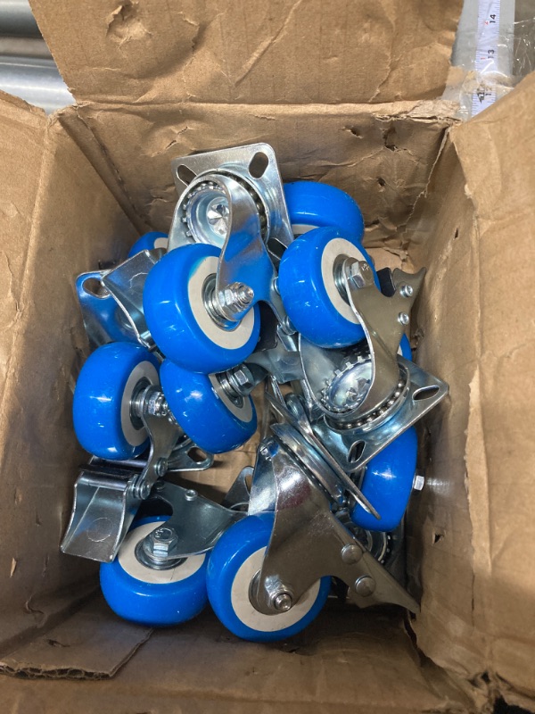 Photo 5 of 12 Pack with Brake Caster Wheels Swivel Plate Casters On Blue Polyurethane Wheels PU 12 Pack With Brake Blue