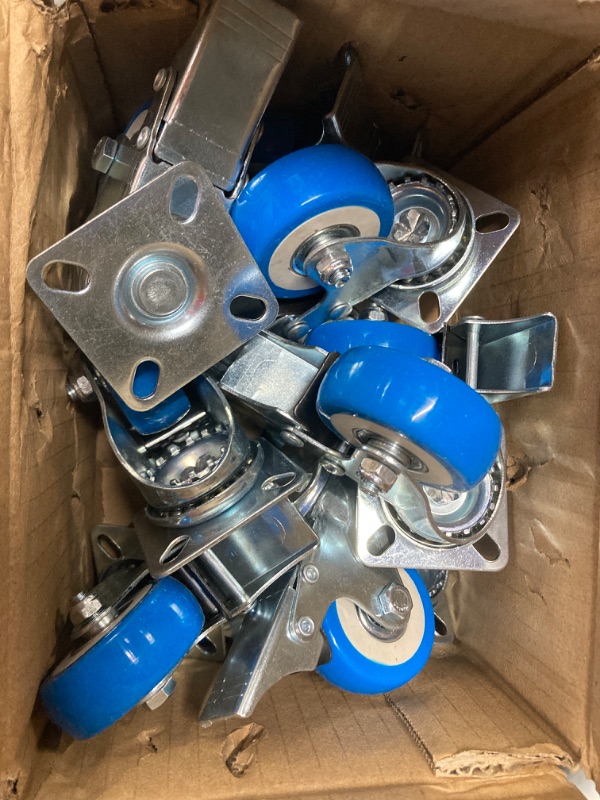 Photo 5 of 12 Pack with Brake Caster Wheels Swivel Plate Casters On Blue Polyurethane Wheels PU 12 Pack With Brake Blue