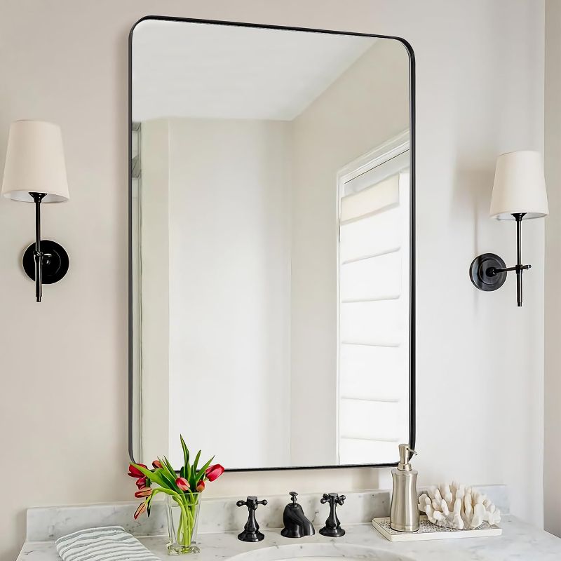 Photo 1 of ANDY STAR Wall Mirror for Bathroom, 30"x40" Black Bathroom Mirror, Modern Rounded Rectangle Metal Frame Mirror for Vanity, Matte Stainless Steel
