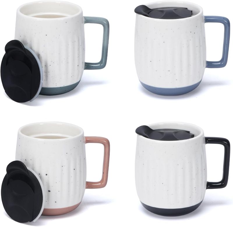 Photo 1 of **Missing One** Hoikwo 3 Pack 16oz Modern, Boho Coffee Mugs with Lids for Car Trip Travel Portable, White Ceramic Coffee Cups Sets for Coffee, Beverages, Tea, Microwave-safe and Dishwasher-safe