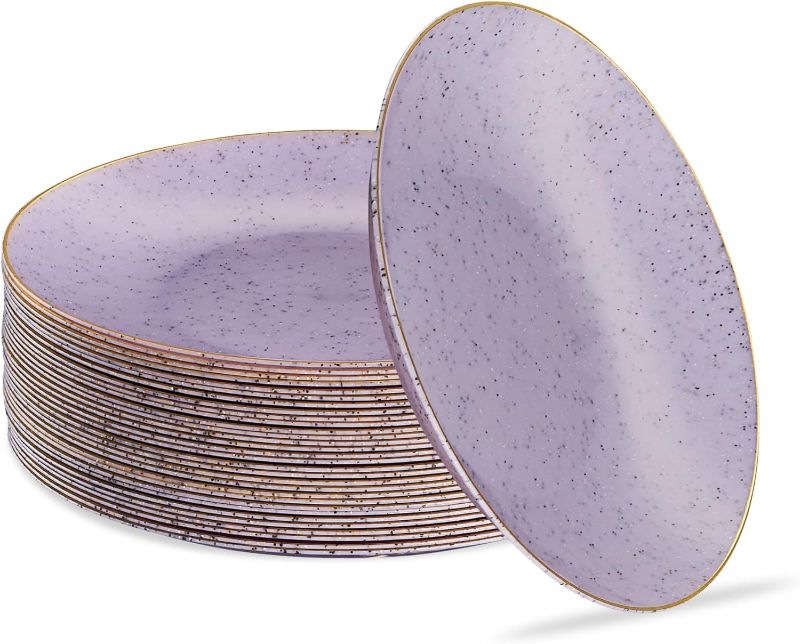 Photo 1 of **Misding 3** 30 Pack PLASTICPRO  Disposable Plastic Plates Heavyweight Granite Look Elegant 7 inch Dinner Plates Purple with Gold Rim
