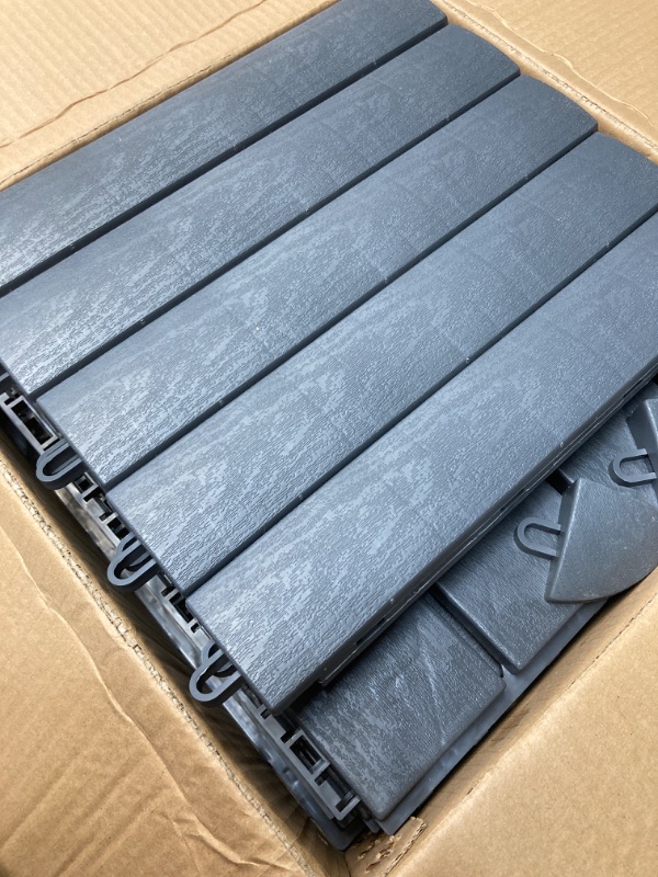 Photo 2 of 6 Pack Interlocking Deck Tiles with 10 Transition Edge Kits 11.8"x11.8" Patio Floor Tiles Waterproof Outdoor Flooring Pallets Covering for Backyard, Shed, Basement, Dark Grey