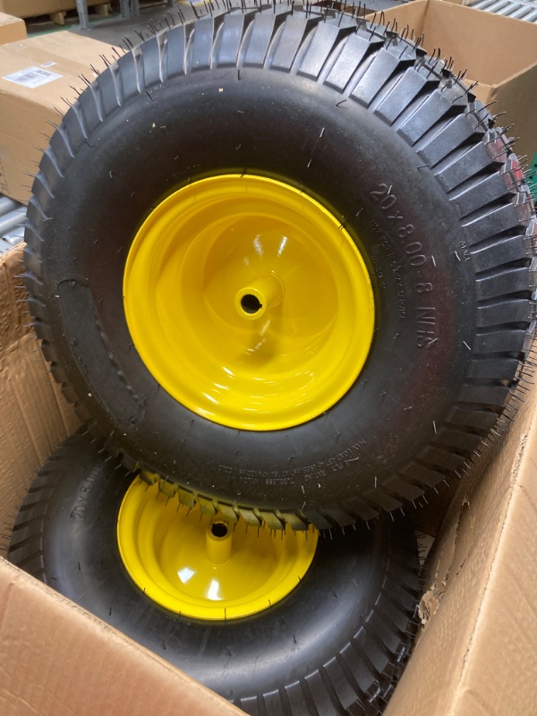Photo 1 of (2-Pack) 20x8.00-8 Rear Tire and Wheel Assemblies - 4 Ply Tubeless Tire Compatible Replacement for Riding Lawn Mowers - 3/4" Borehole, 3.5" Offset Hub and 3/16" Keyway