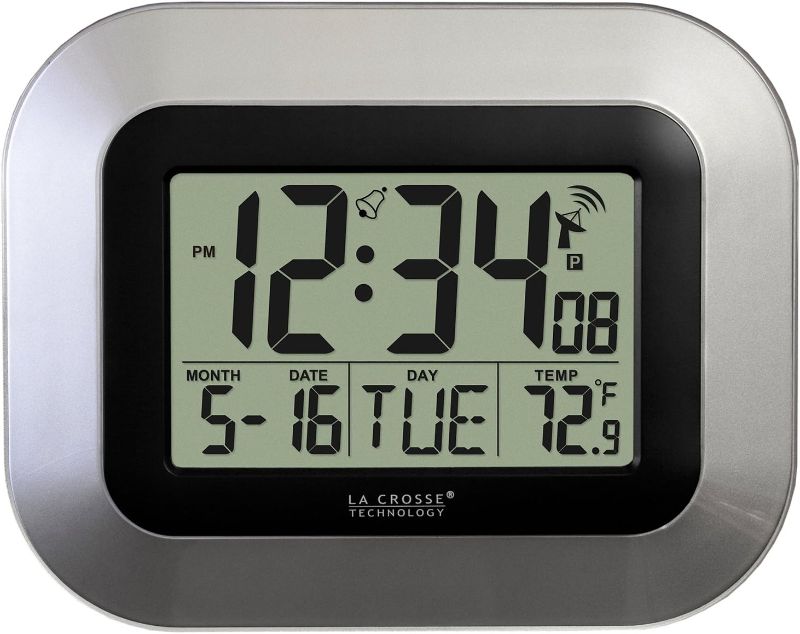 Photo 1 of La Crosse Technology WT-8005U-S Atomic Digital Wall Clock with Indoor Temperature, Silver
